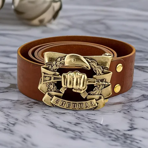 Ручная работа: Мужской кожаный ремень «Спецназ» с бронзовой пряжкой